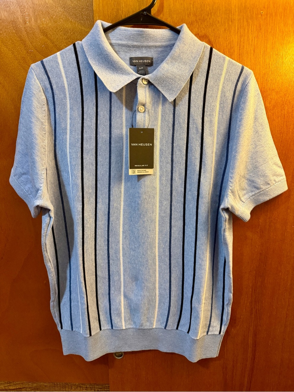 Van Heusen Light Blue Polo with Black & White Vertical Stripes